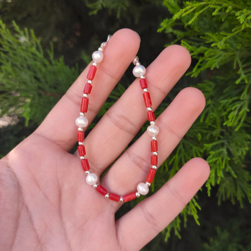 925 Silver Natural Red Coral Stone & White Pearl Bracelet