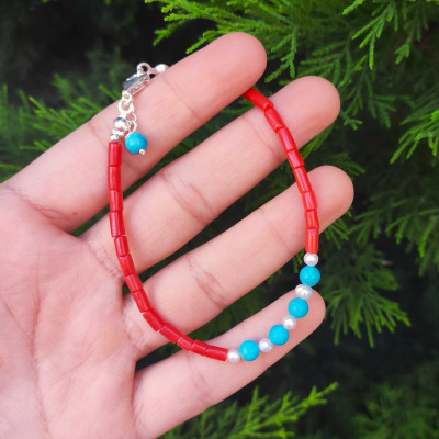 925 Silver Natural Red Coral Stone , Pearl & Turquoise stone Bracelet