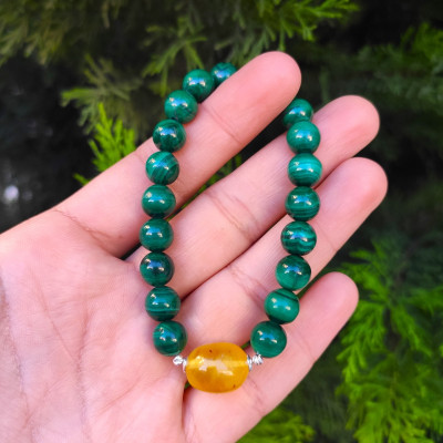8mm Natural Malachite Stone & Amber Bracelet