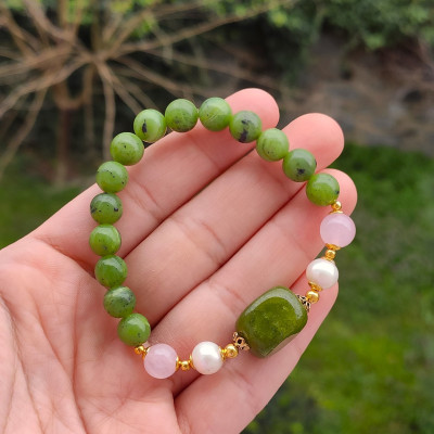 Multistone Bracelet , 8mm Canadian Jade , Pearl & Rose Quartz Stones Bracelet