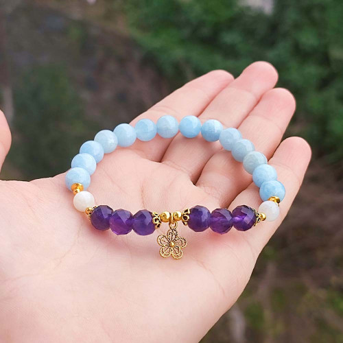 8mm Natural Aquamarine , Moonstone & Amethyst Stone Bracelet 8mm Natural Aquamarine , Moonstone & Amethyst Stone Bracelet