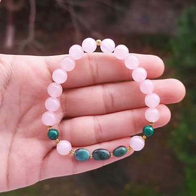 Multi Stone Bracelet , 8mm Rose Quartz , Malachite & Emerald Stones Bracelet