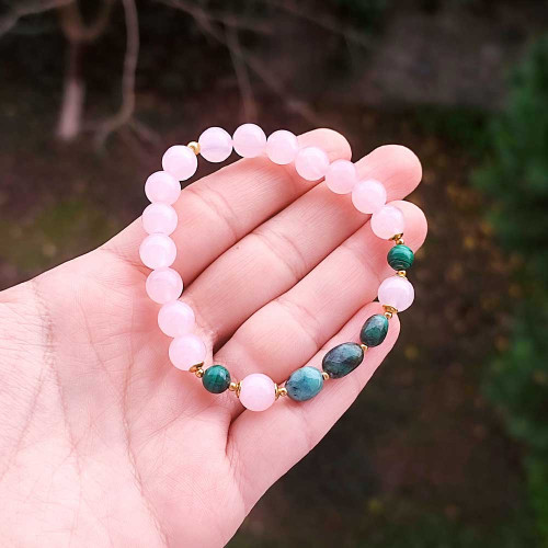 Multi Stone Bracelet , 8mm Rose Quartz , Malachite & Emerald Stones Bracelet Multi Stone Bracelet , 8mm Rose Quartz , Malachite & Emerald Stones Bracelet
