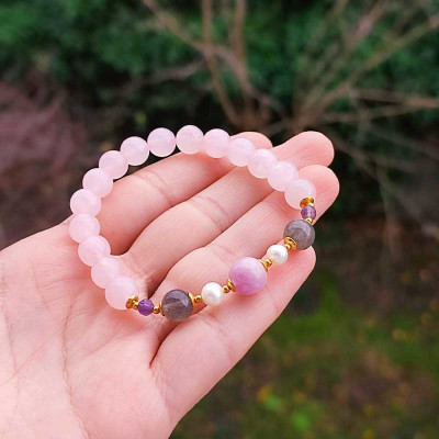 Multi Stone Bracelet , 8mm Rose Quartz , Labradorite , Amethyst , Pearl & Kunzite Bracelet