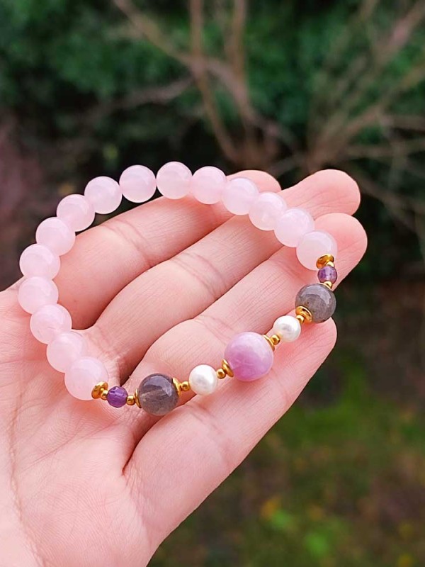 8mm Pembe Kuvars , Ametist ,Beyaz inci , Labradorit & Künzit taşlari Bileklik