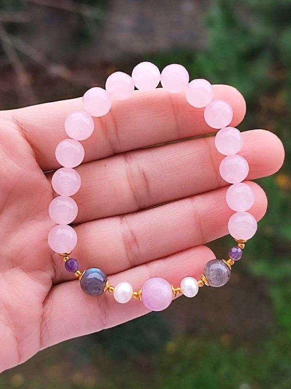 8mm Pembe Kuvars , Ametist ,Beyaz inci , Labradorit & Künzit taşlari Bileklik
