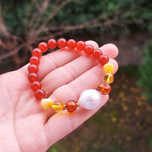 Multi Stone Bracelet , 8mm Red Agate , Amber & Pearl Bracelet Multi Stone Bracelet , 8mm Red Agate , Amber & Pearl Bracelet