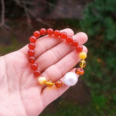 Multi Stone Bracelet , 8mm Red Agate , Amber & Pearl Bracelet