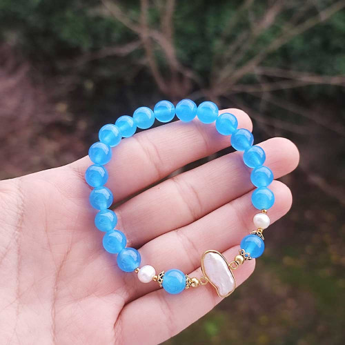 Multi Stone Bracelet , 8mm Blue Agate & Pearl Bracelet Multi Stone Bracelet , 8mm Blue Agate & Pearl Bracelet