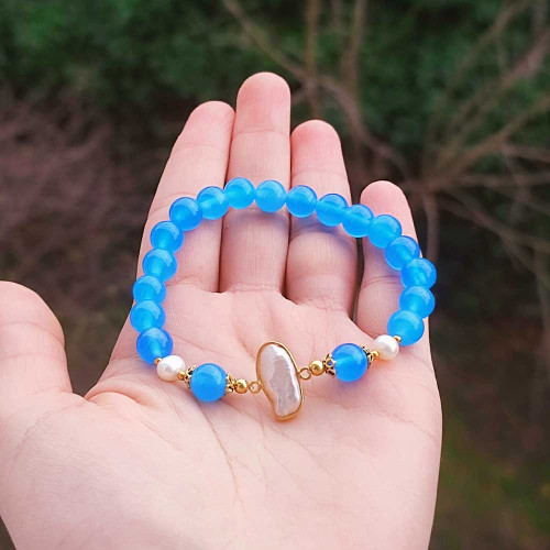 Multi Stone Bracelet , 8mm Blue Agate & Pearl Bracelet Multi Stone Bracelet , 8mm Blue Agate & Pearl Bracelet