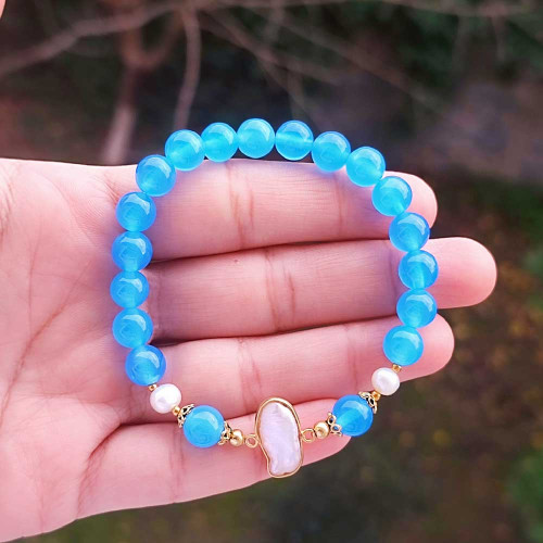 Multi Stone Bracelet , 8mm Blue Agate & Pearl  Bracelet
