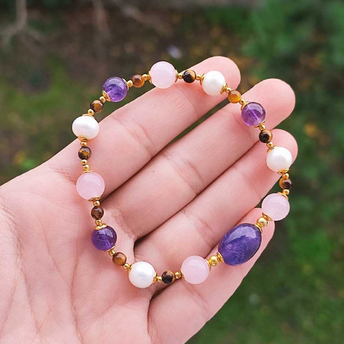 Multi Stone Bracelet , 8mm Rose Quartz , Amethyst , Tiger Eye & Pearl Bracelet Multi Stone Bracelet , 8mm Rose Quartz , Amethyst , Tiger Eye & Pearl Bracelet
