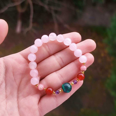 Multi Stone Bracelet , 8mm Rose Quartz , Rhodochrosite , Red Agate & Malachite Stones Bracelet
