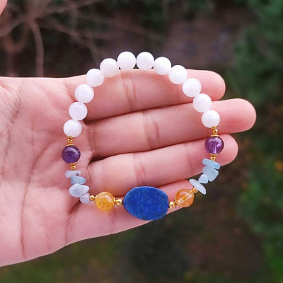 Multi Stone Bracelet , 8mm Moonstone , Lapis Lazuli , Citrine , Amethyst & Aquamarine Stones Bracelet