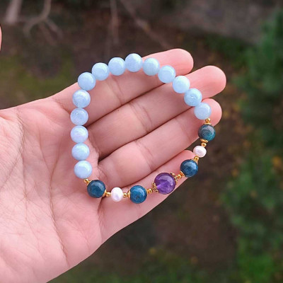 Multi Stone Bracelet , 8mm Natural Aquamarine , Apatite , Pearl & Amethyst Stone Bracelet