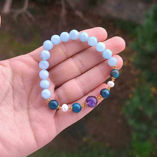 Multi Stone Bracelet , 8mm Natural Aquamarine , Apatite , Pearl & Amethyst Stone Bracelet Multi Stone Bracelet , 8mm Natural Aquamarine , Apatite , Pearl & Amethyst Stone Bracelet