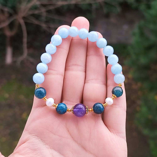 Multi Stone Bracelet , 8mm Natural Aquamarine , Apatite , Pearl & Amethyst Stone Bracelet Multi Stone Bracelet , 8mm Natural Aquamarine , Apatite , Pearl & Amethyst Stone Bracelet