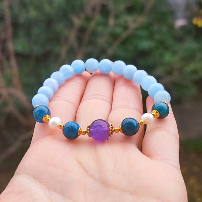 Multi Stone Bracelet , 8mm Natural Aquamarine , Apatite , Pearl & Amethyst Stone Bracelet