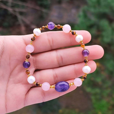 Multi Stone Bracelet , 8mm Rose Quartz , Amethyst , Tiger Eye & Pearl Bracelet