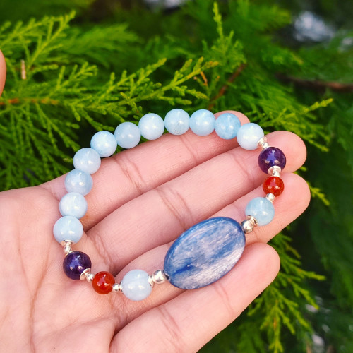 Multi Stone Bracelet , 8mm Natural Aquamarine , Kyanite , Red Agate & Amethyst Stone Bracelet
