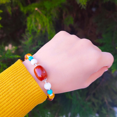 Natural Rose Wood Bracelet With Citrine , Moonstone, Turquoise & Red Agate Bracelet
