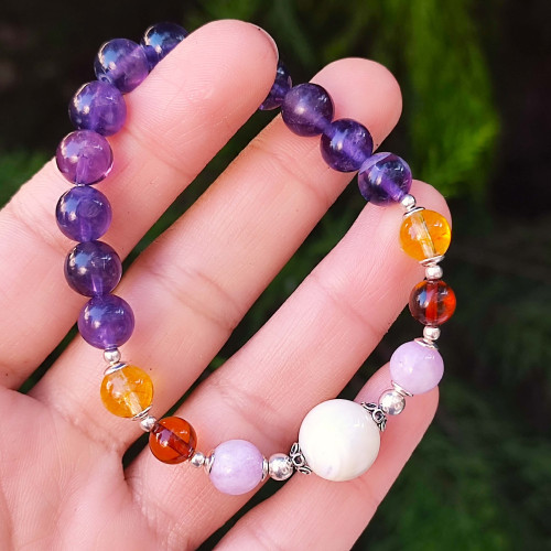 Multi Stone Bracelet , 8mm Amethyst , Amber , Kunzite & Citrine Bracelet Multi Stone Bracelet , 8mm Amethyst , Amber , Kunzite & Citrine Bracelet