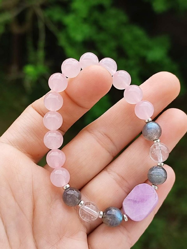 8mm Pembe Kuvars , Kristal Kuvars , Labradorit & Künzit taşlari Bileklik