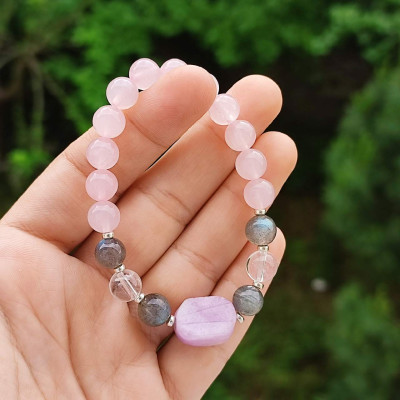 Multi Stone Bracelet , 8mm Rose Quartz , Labradorite , Crystal Quartz & Kunzite Bracelet