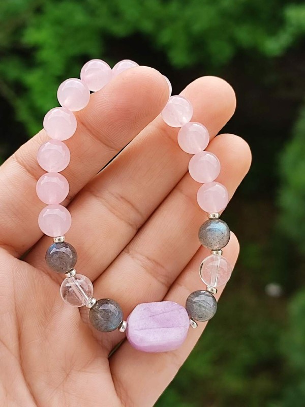 8mm Pembe Kuvars , Kristal Kuvars , Labradorit & Künzit taşlari Bileklik