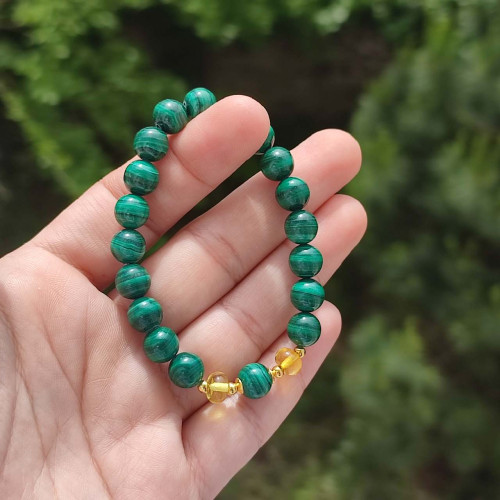 8mm Natural Malachite Stone & Amber Bracelet 8mm Natural Malachite Stone & Amber Bracelet