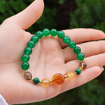Multi Stone Bracelet , 8mm Green Agate , Malachite , Amber , Smoky Quartz & Citrine Stones Bracelet