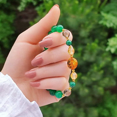Multi Stone Bracelet , 8mm Green Agate , Malachite , Amber , Smoky Quartz & Citrine Stones Bracelet