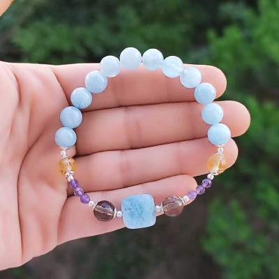 Multi Stone Bracelet , 8mm Aquamarine , Citrine , Amethyst & Smoky Quartz Stones Bracelet