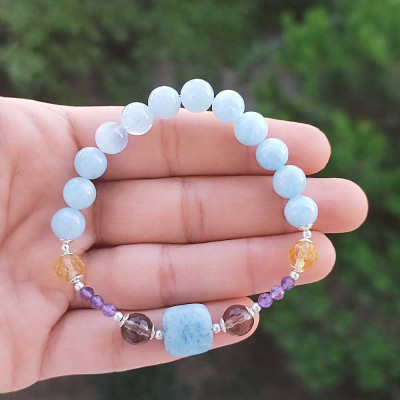 Multi Stone Bracelet , 8mm Aquamarine , Citrine , Amethyst & Smoky Quartz Stones Bracelet