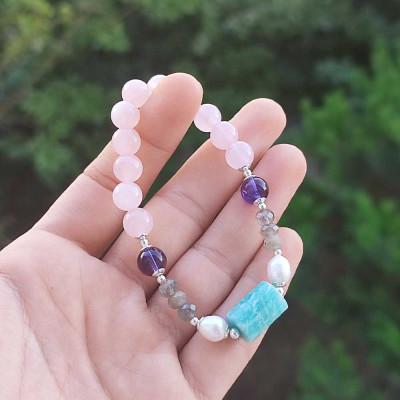 Multi Stone Bracelet , 8mm Rose Quartz , Amethyst , Labradorite , Amazonite & Pearl Bracelet
