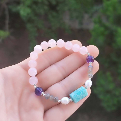 Multi Stone Bracelet , 8mm Rose Quartz , Amethyst , Labradorite , Amazonite & Pearl Bracelet