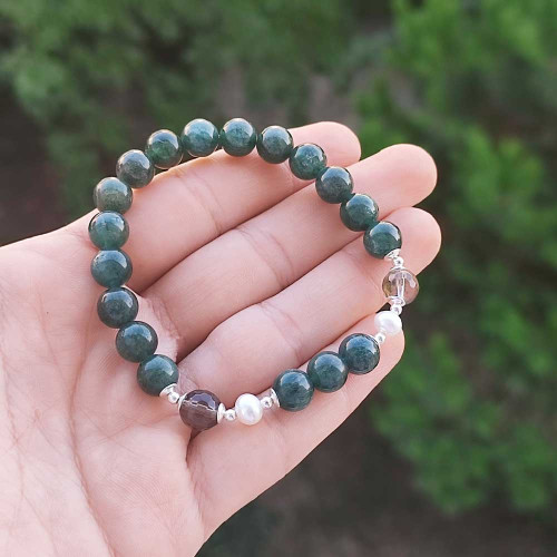Multi Stone Bracelet , 8mm Natural Green Apatite , Smoky Quartz & Pearl Stones Bracelet