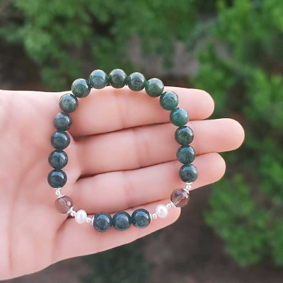 Multi Stone Bracelet , 8mm Natural Green Apatite , Smoky Quartz & Pearl Stones Bracelet