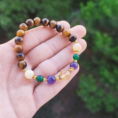 Multi Stone Bracelet , 8mm Natural Tiger Eye , Yellow Calchite , Green Agate , Amethyst & Citrine Bracelet