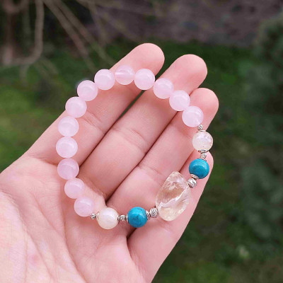 Multi Stone Bracelet , 8mm Rose Quartz , Turquoise , Moonstone & Citrine Stones Bracelet