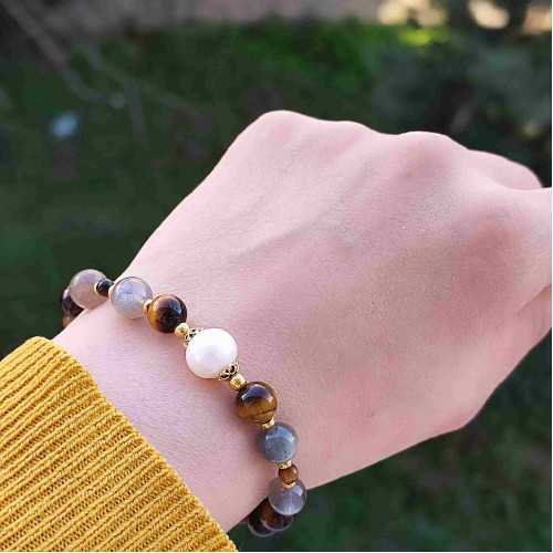 Multi Stone Bracelet , 8mm Natural Tiger Eye , Pearl & Labradorite Stones Bracelet Multi Stone Bracelet , 8mm Natural Tiger Eye , Pearl & Labradorite Stones Bracelet