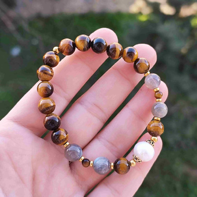 Multi Stone Bracelet , 8mm Natural Tiger Eye , Pearl & Labradorite Stones Bracelet