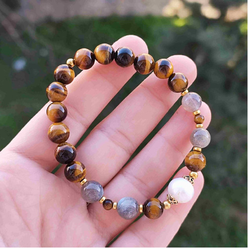 Multi Stone Bracelet , 8mm Natural Tiger Eye , Pearl & Labradorite Stones Bracelet Multi Stone Bracelet , 8mm Natural Tiger Eye , Pearl & Labradorite Stones Bracelet