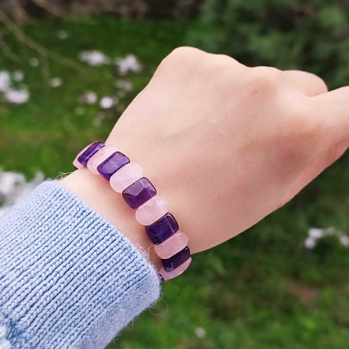 Natural Amethyst & Rose Quartz Gemstone Bracelet - Special Cut Natural Amethyst & Rose Quartz Gemstone Bracelet - Special Cut