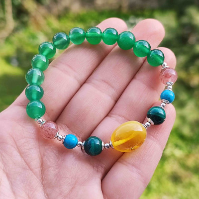 Multi Stone Bracelet , 8mm Green Agate , Malachite , Amber , Strawberry Quartz & Turquoise Stones Bracelet