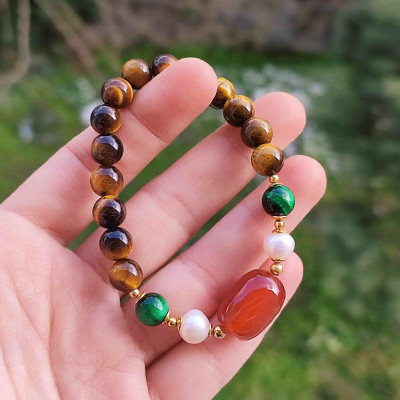 Multi Stone Bracelet , 8mm Natural Tiger Eye , Pearl & Red Agate Bracelet
