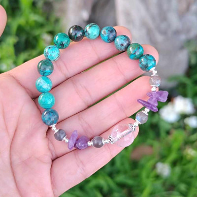 Multi Stone Bracelet  , 8mm Natural Chrysocolla , Labradorite , Amethyst & Crystal Quartz Bracelet