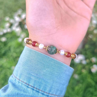 Multi Stone Bracelet , 6mm Moonstone , Red Agate , Tiger Eye , Pearl & Green Emerald Stones Bracelet