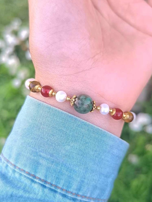 6mm Aytaşı , Kırmızı Akik , Kaplan Gözü , İnci & Yeşil Zümrüt Taşlı Bileklik
