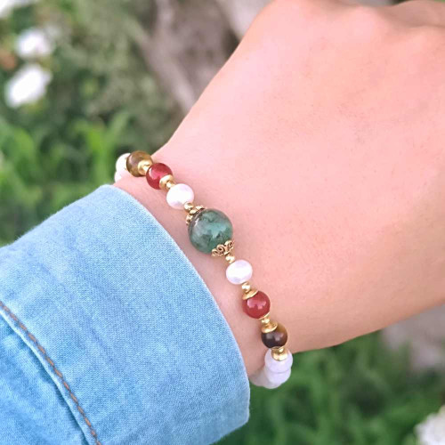Multi Stone Bracelet , 6mm Moonstone , Red Agate , Tiger Eye , Pearl & Green Emerald Stones Bracelet Multi Stone Bracelet , 6mm Moonstone , Red Agate , Tiger Eye , Pearl & Green Emerald Stones Bracelet